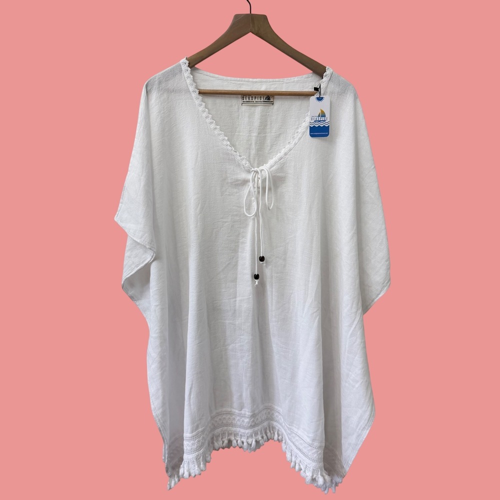 Seaspice Kaftan Cover Up XXL White Peruvian Cotton Crochet Lace Fringe Trim